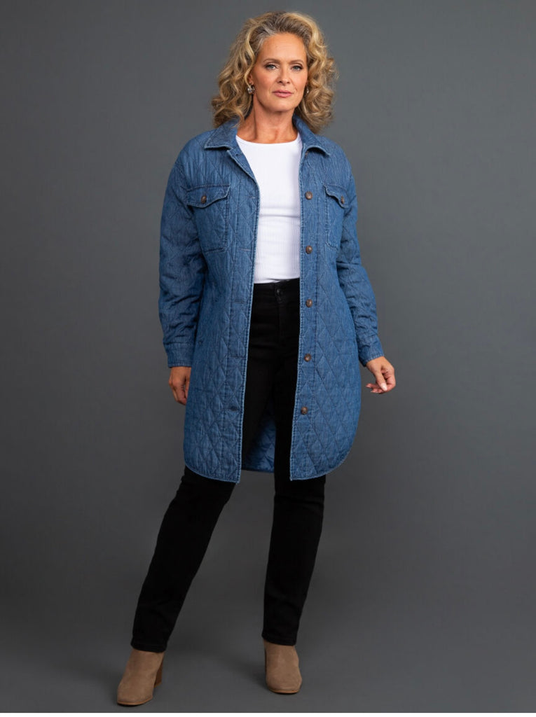 Tribal Quilted Long Denim Jacket