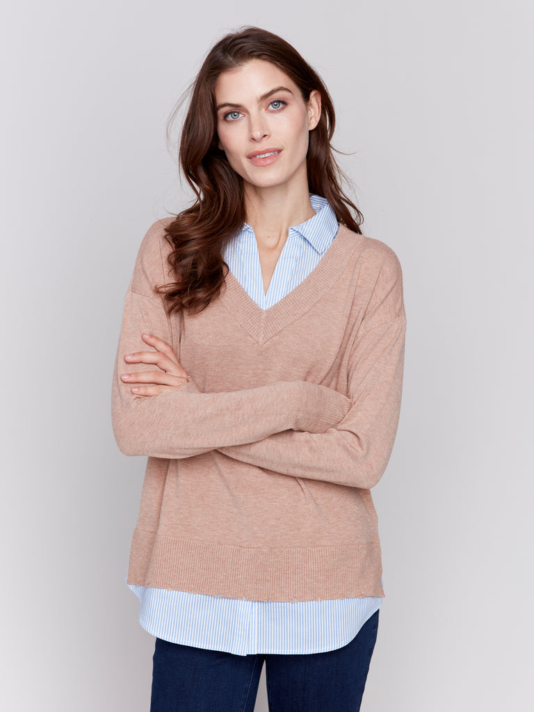 Charlie B Plushy Knit Poplin Fooler Sweater