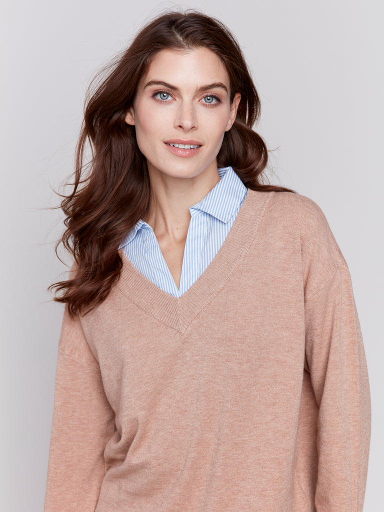 Charlie B Plushy Knit Poplin Fooler Sweater