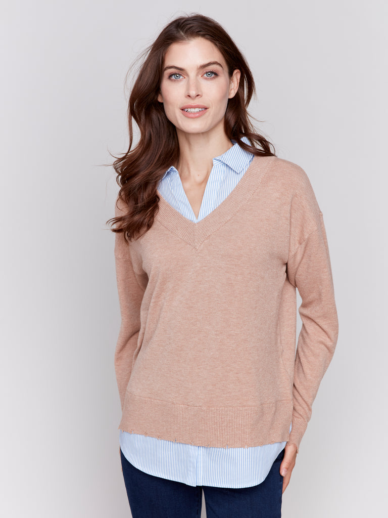 Charlie B Plushy Knit Poplin Fooler Sweater