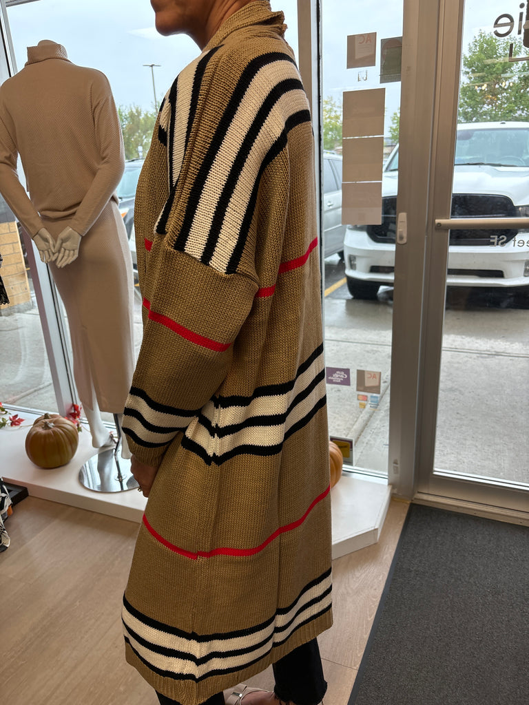 Papa Fashions Camel Stripe Long Cardigan