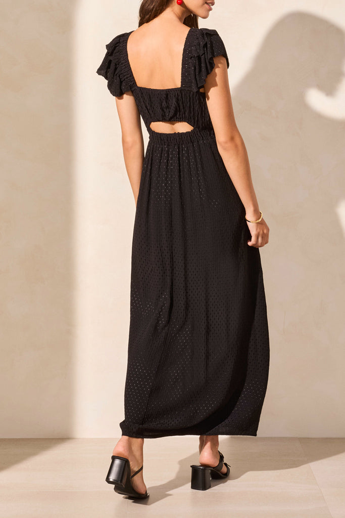 Tribal Maxi Dress With Frill Detail & Back Cutout - Black