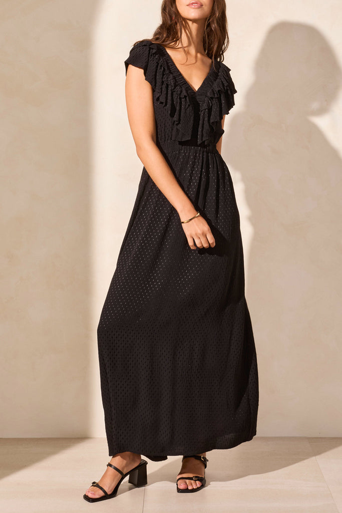 Tribal Maxi Dress With Frill Detail & Back Cutout - Black