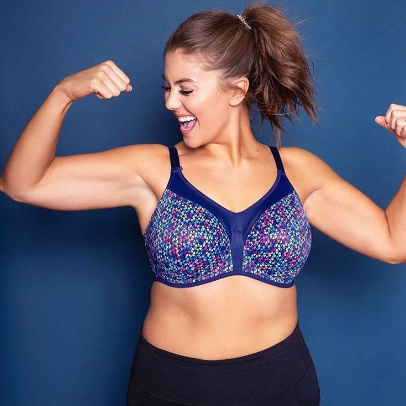 Full Busted Figure Types in 32J Bra Size Navy Geo Convertible and Sport Bras